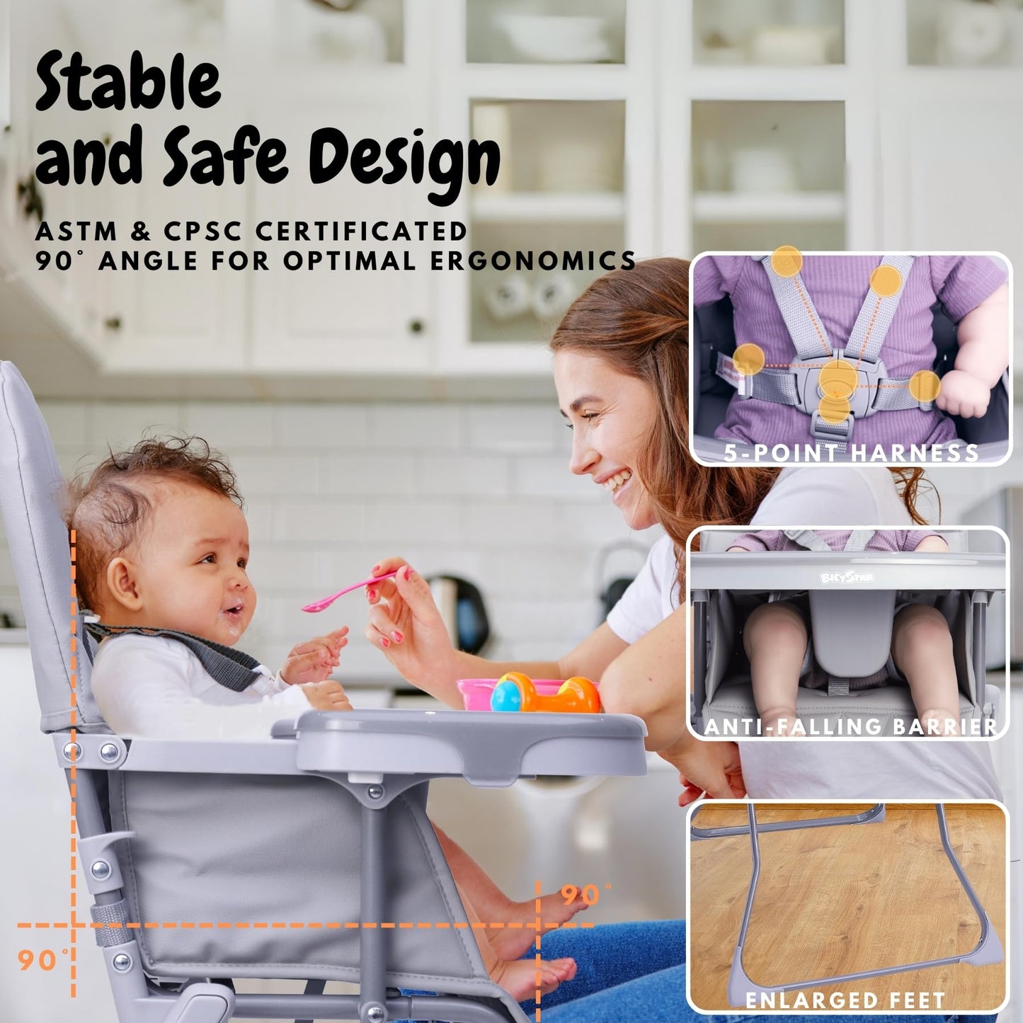 Bicystar Foldable Baby High Chair With Easy Clean Double-Layer Tray, Adjustable Foot Rest, Safety First 5 Point Harness, Compact
