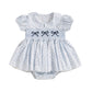 Sasaerucure Summer Clothes Newborn Baby Girl Romper Dress Bow Embroidery Peter Pan Collar Short Sleeve Bodysuit Top (Blue, 6-12 