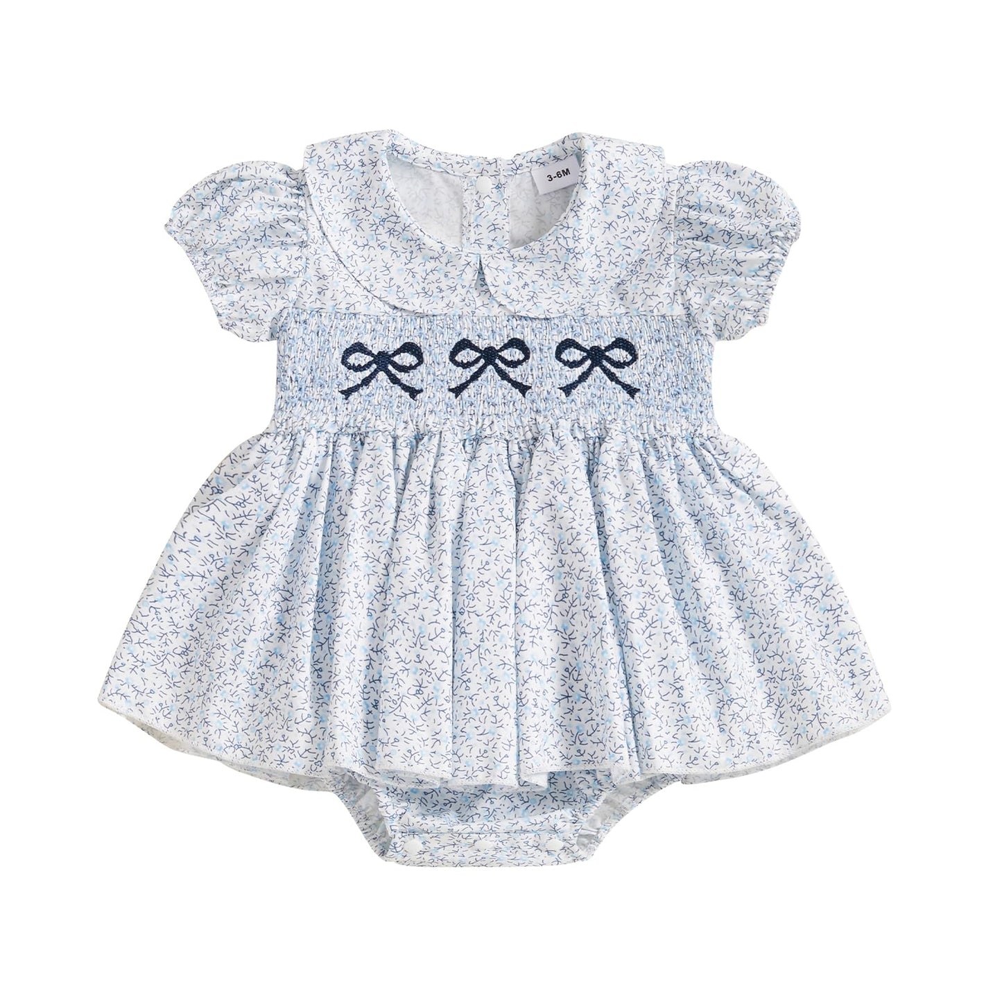 Sasaerucure Summer Clothes Newborn Baby Girl Romper Dress Bow Embroidery Peter Pan Collar Short Sleeve Bodysuit Top (Blue, 6-12 