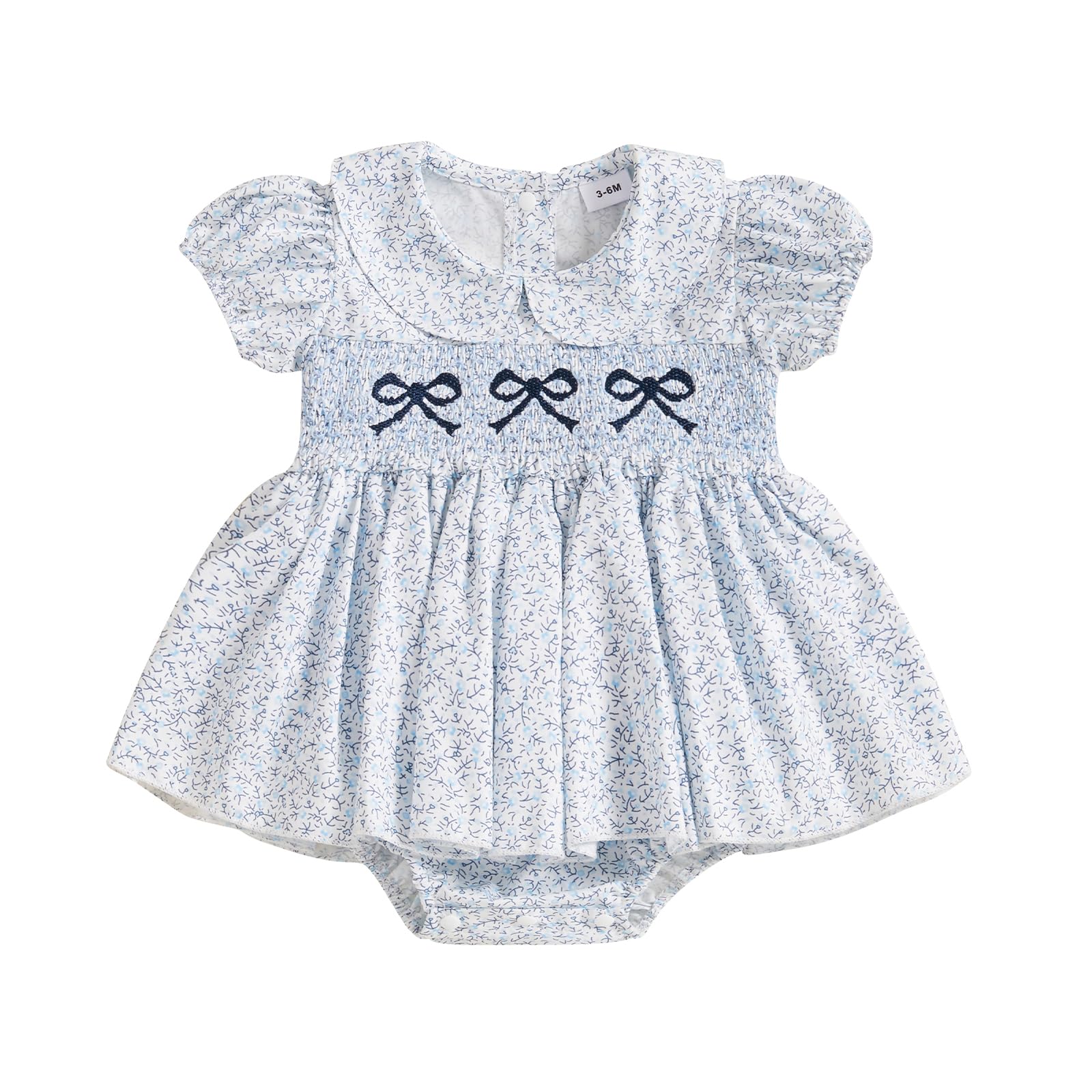 Sasaerucure Summer Clothes Newborn Baby Girl Romper Dress Bow Embroidery Peter Pan Collar Short Sleeve Bodysuit Top (Blue, 6-12 