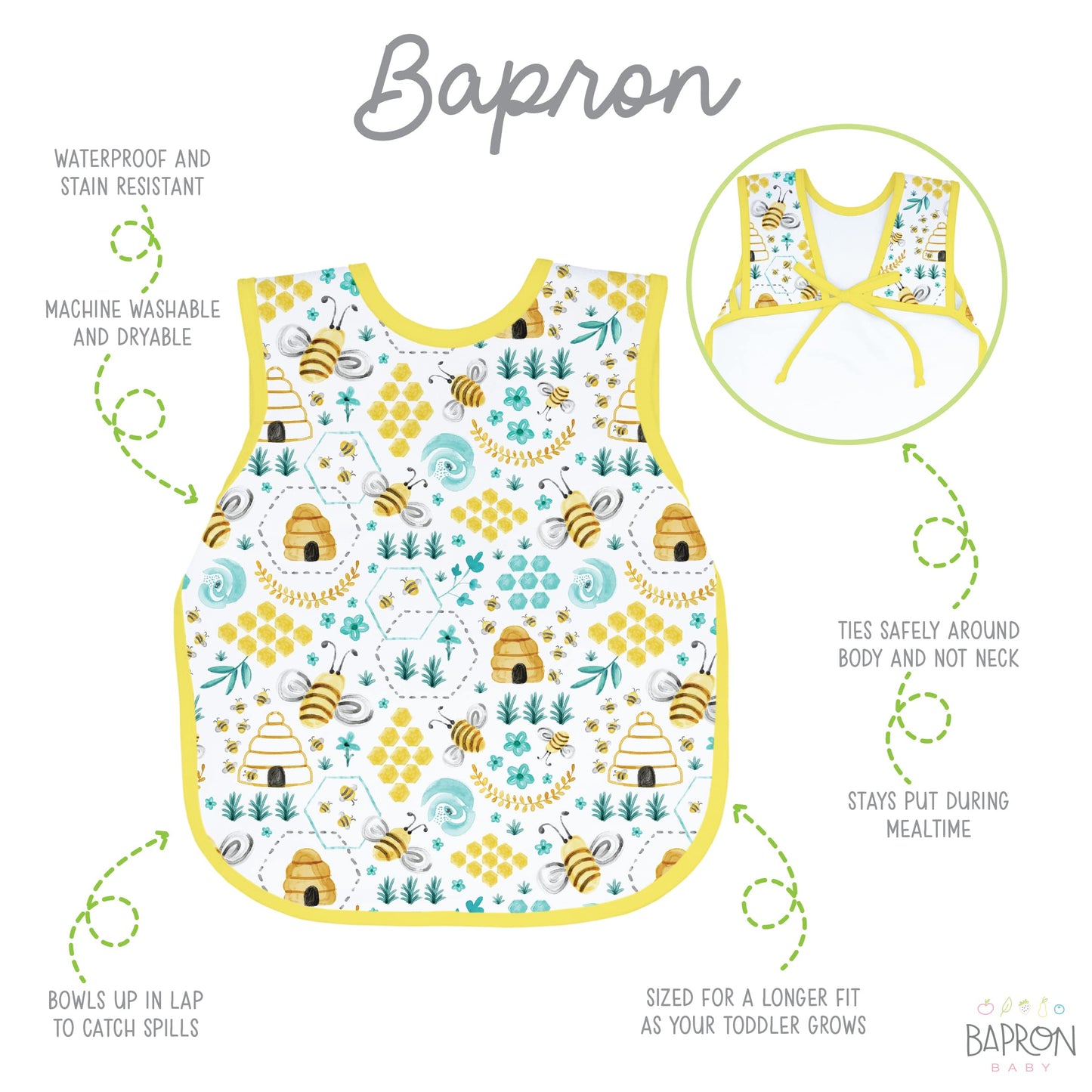 Bapronbaby Busy Bees Bapron - No Neck Tie Safer Bib For Baby & Toddler - Soft Waterproof Stain Resistant - Machine Washable - Sz