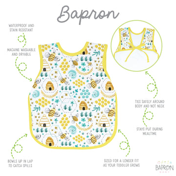 Bapronbaby Busy Bees Bapron - No Neck Tie Safer Bib For Baby & Toddler - Soft Waterproof Stain Resistant - Machine Washable - Sz