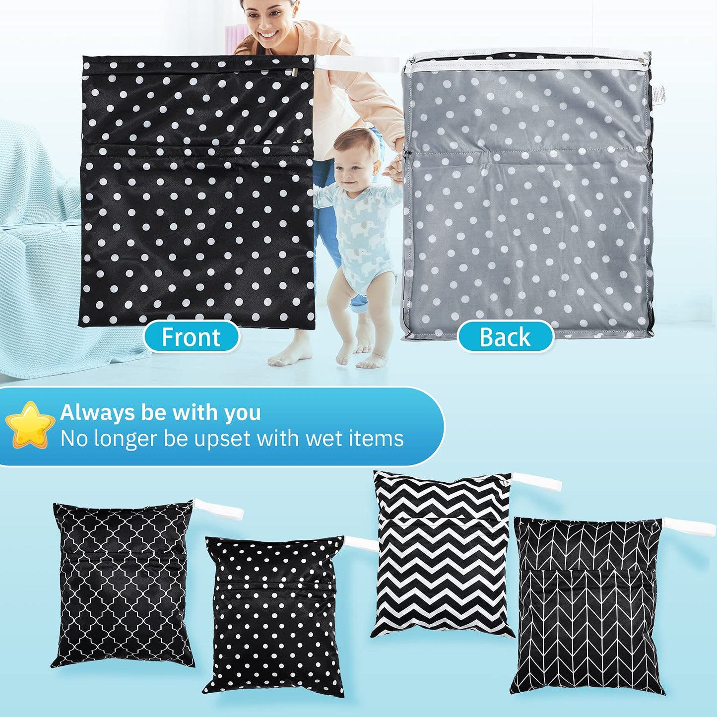 Frienda 4 Pieces Wet Dry Bag for Baby Waterproof Reusable Washable Diaper Bag Sealed with Handle for Travel, Beach, Swimsuit, Di