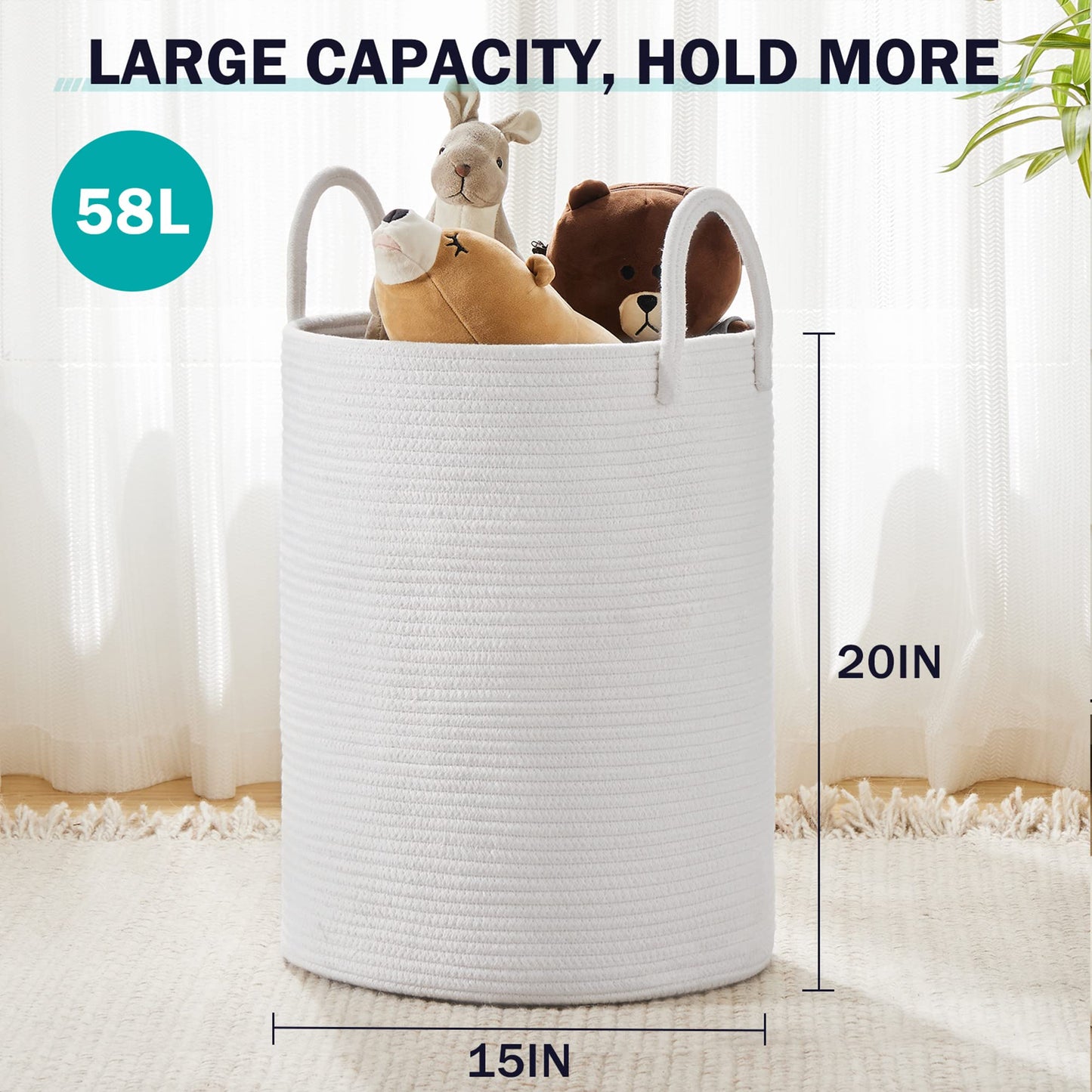 Woven Rope Laundry Hamper Basket By Youdenova, 58L Tall Laundry Basket, Baby Nursery Hamper For Blanket Storage, Clothes Hamper