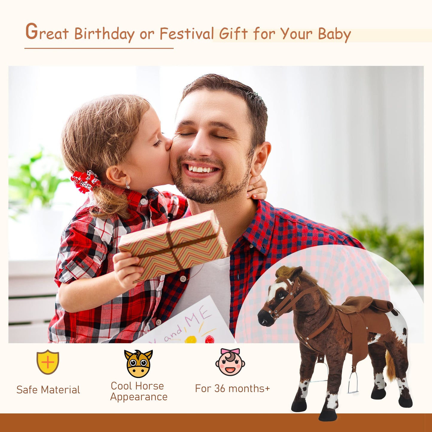 Qaba Sound-Making Ride On Horse for Toddlers 3-5, with Neighing and Galloping Sound, Stuffed Animal Horse Toy for Kids with Padd