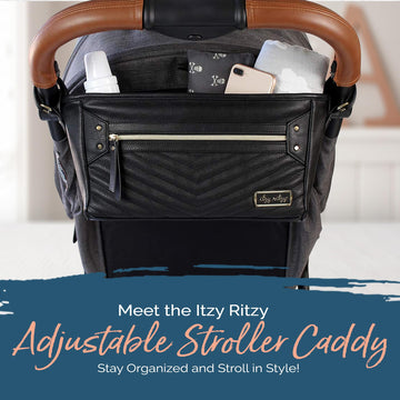 Itzy Ritzy Adjustable Stroller Organizer With Built-In Pockets, Zippered Pocket & Straps To Fit Any Stroller, Black With Gold Ha