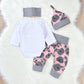 4Pcs Infant Baby Girls Arrow Letters Romper Top+Long Floral Pant Leggings+Warm Hat+Headhand Bodysuit (12-18Month, White)