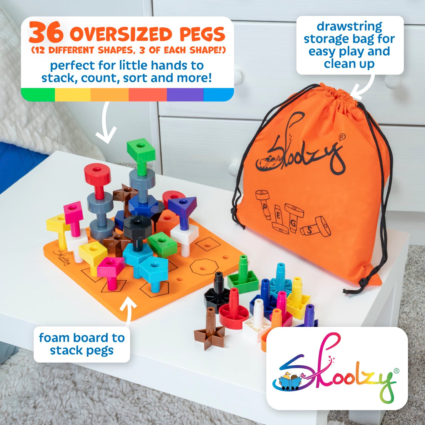 Skoolzy Toddler Peg Board 38 pcs - Pegboard for Toddlers - Stacking Peg Board - Montessori Learning Toys for Toddlers 2+