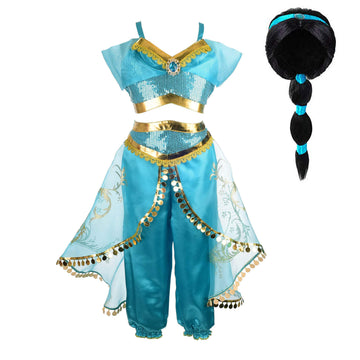 Tacobear Jasmine Costume For Girls Arabian Sequined Jasmine Dress Up With Wig Tiara Wand Cosplay For Kids (140(7-8T), 01 Jasmine