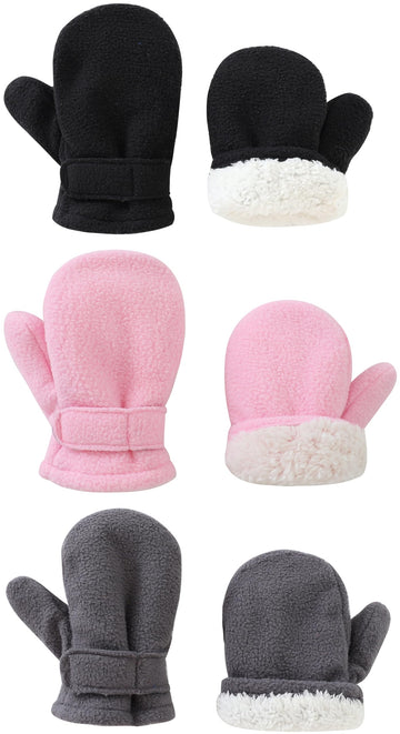 Baby Toddler Mittens Boys Girls Winter Outdoor Gloves Kids Easy-On Fleece Warm Mittens Black Gray Pink 3 Pairs L(2-4 Years)