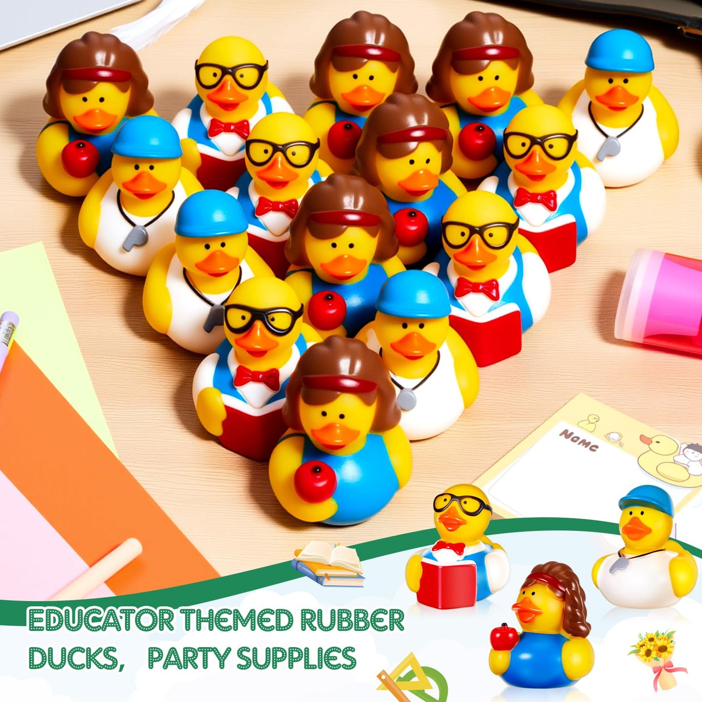 Deekin 24 Pcs Teacher Themed Party Favors Rubber Ducks 2 Inch School Educator Events Award Gifts for Teacher Appreciation Cute I