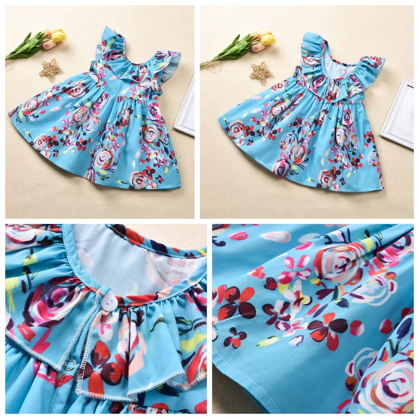 Fioukiay Toddler Baby Girls Floral Casual Dresses Clothes Holiday Beach Sundress Skirts Spring Overall Outfits(Blue&Floral,0-6Mo