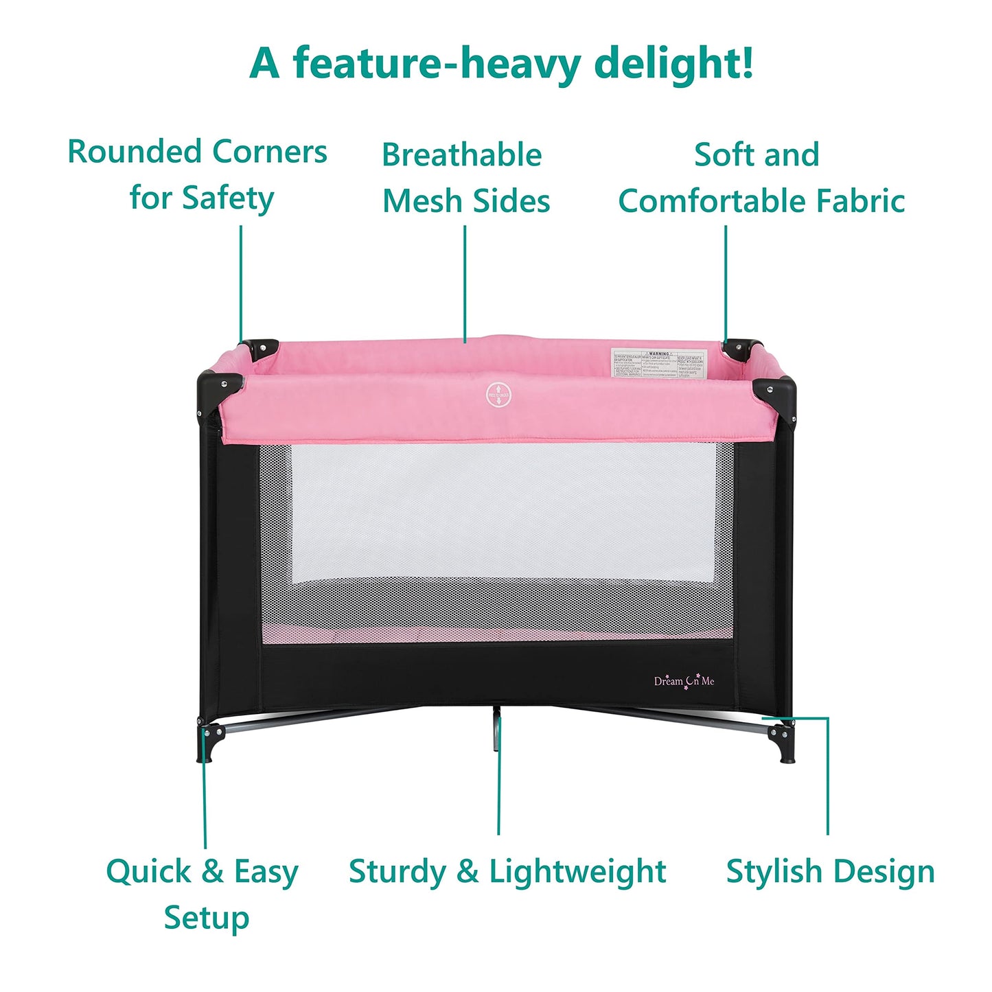 Dream On Me Zazzy Portable Playard with Bassinet in Pink, Packable and Easy Setup Baby Playard, Lightweight and Portable Playard