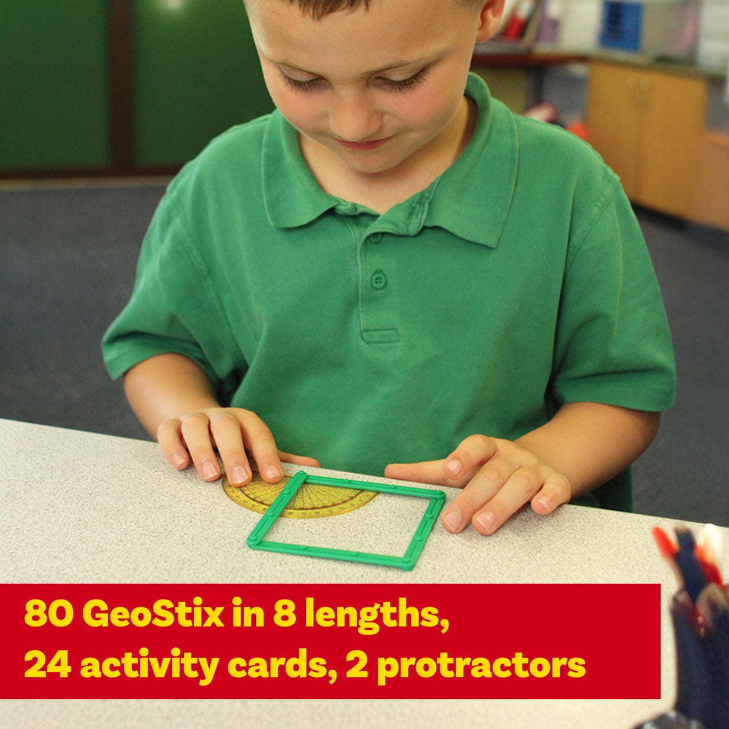 LEARNING ADVANTAGE GeoStix Basic Set - 80 Construction Sticks - 24 Activity Cards - 2 Protractors - Build 2D Shapes and Measure