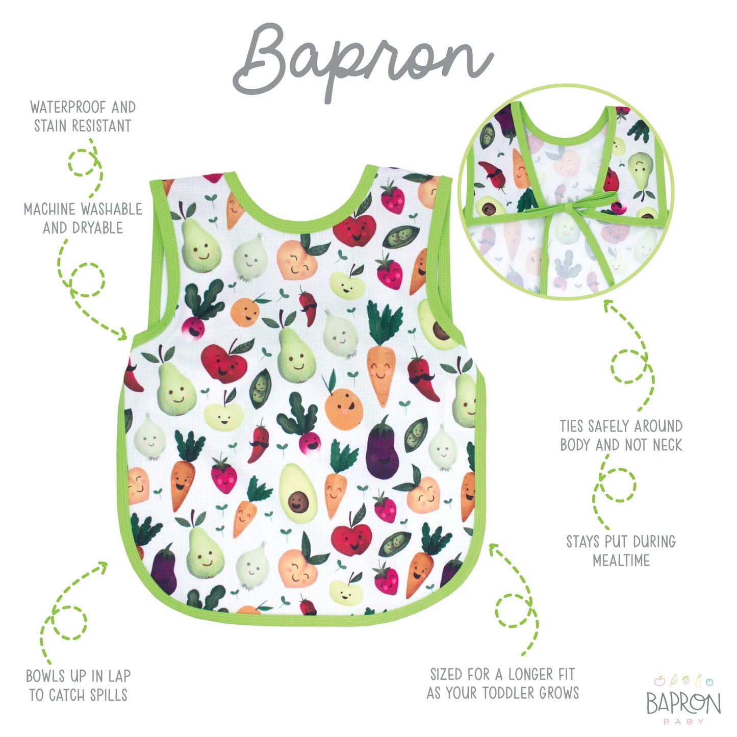 Bapronbaby Market Fresh Bapron - No Neck Tie Safer Bib For Baby & Toddler - Soft Waterproof Stain Resistant - Machine Washable -