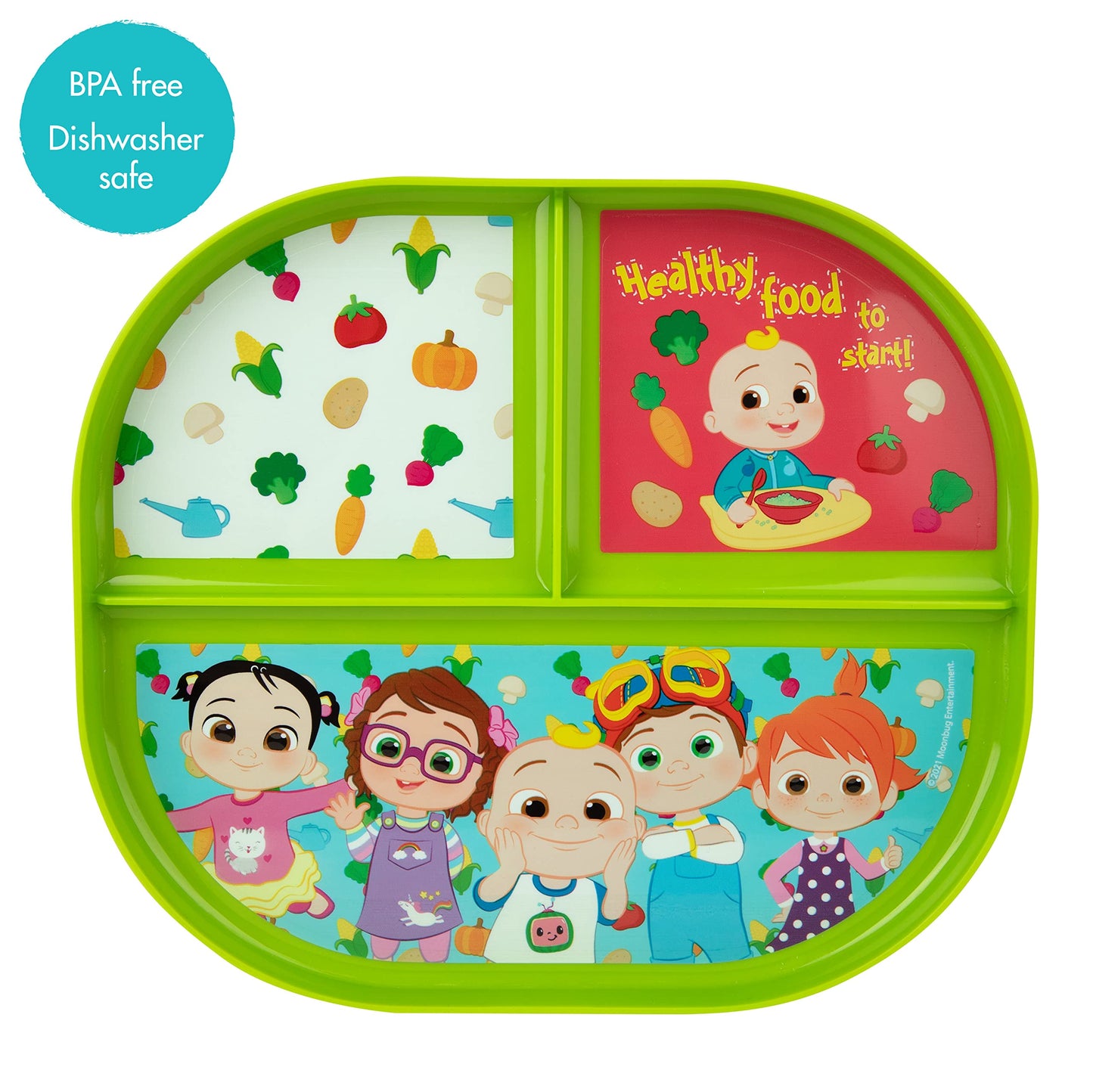 The First Years Cocomelon Toddler Dinnerware Set - Plastic Dinnerware Set And Toddler Utensils - 2 Reversible Baby Plates And 4