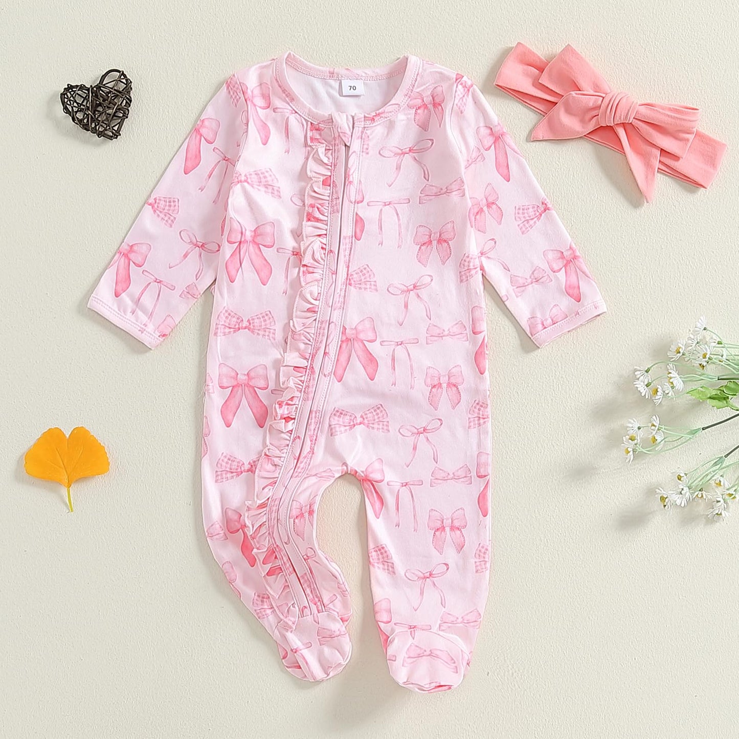 Ayalinggo Valentines Baby Girl Outfit Bowknot Heart Footie Romper Long Sleeve Onesie Newborn Christmas Clothes (Little Pink, 6-1