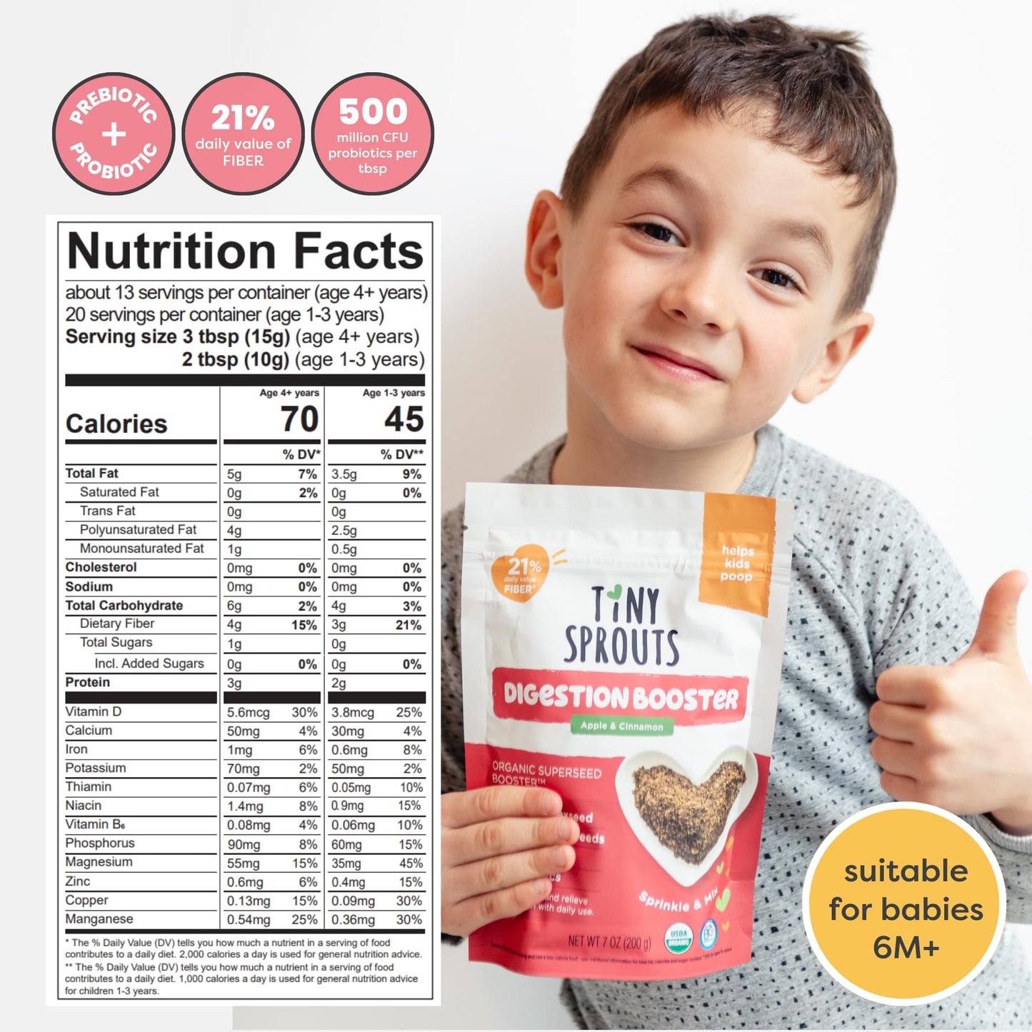 Organic Milled Chia & Flax Seed Digestion Blend With Vitamin D + Probiotics Prebiotic Fiber Superseeds For 6M+ Babies Toddlers &
