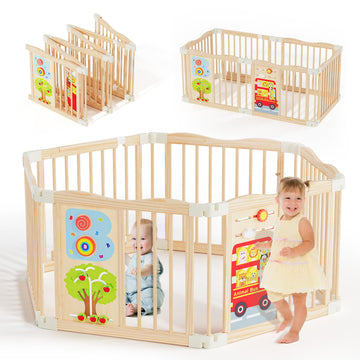 Foldable Wooden Playpen - Adjustable Wood Baby Play Yard with Child-Proof Lock, Indoor Large Safety Fence for Babies and Toddler