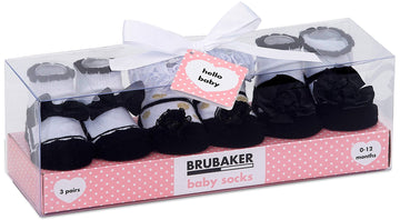 Brubaker 3 Pairs Of Baby Socks Girls 0-12 Months - Festive Socks Black/White