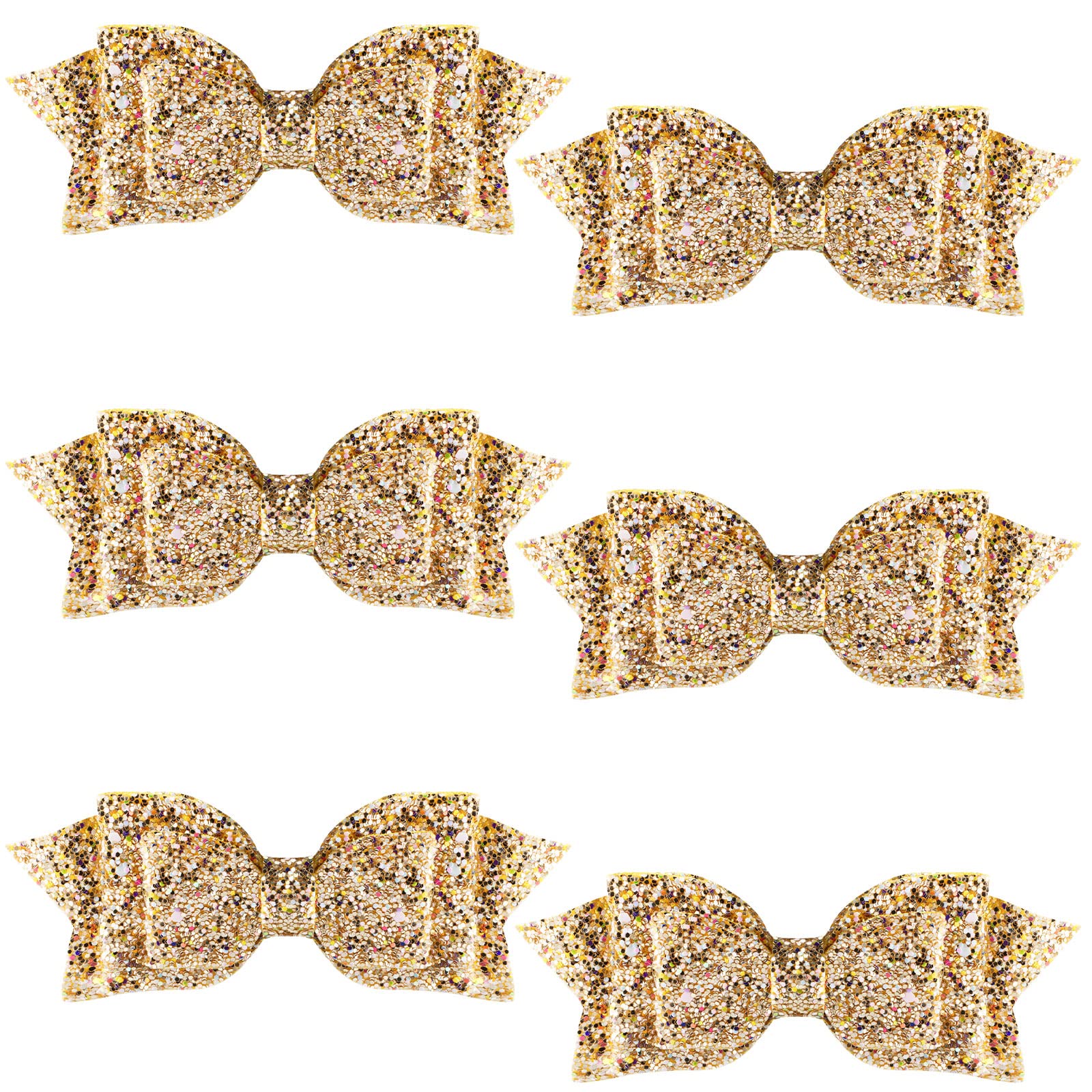 6 Pcs 5 Inch Glitter Sequin Boutique Hair Clips - Sparkly Bowed Accessories For Baby, Toddler, Teen Girls (Gold)