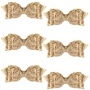 6 Pcs 5 Inch Glitter Sequin Boutique Hair Clips - Sparkly Bowed Accessories For Baby, Toddler, Teen Girls (Gold)