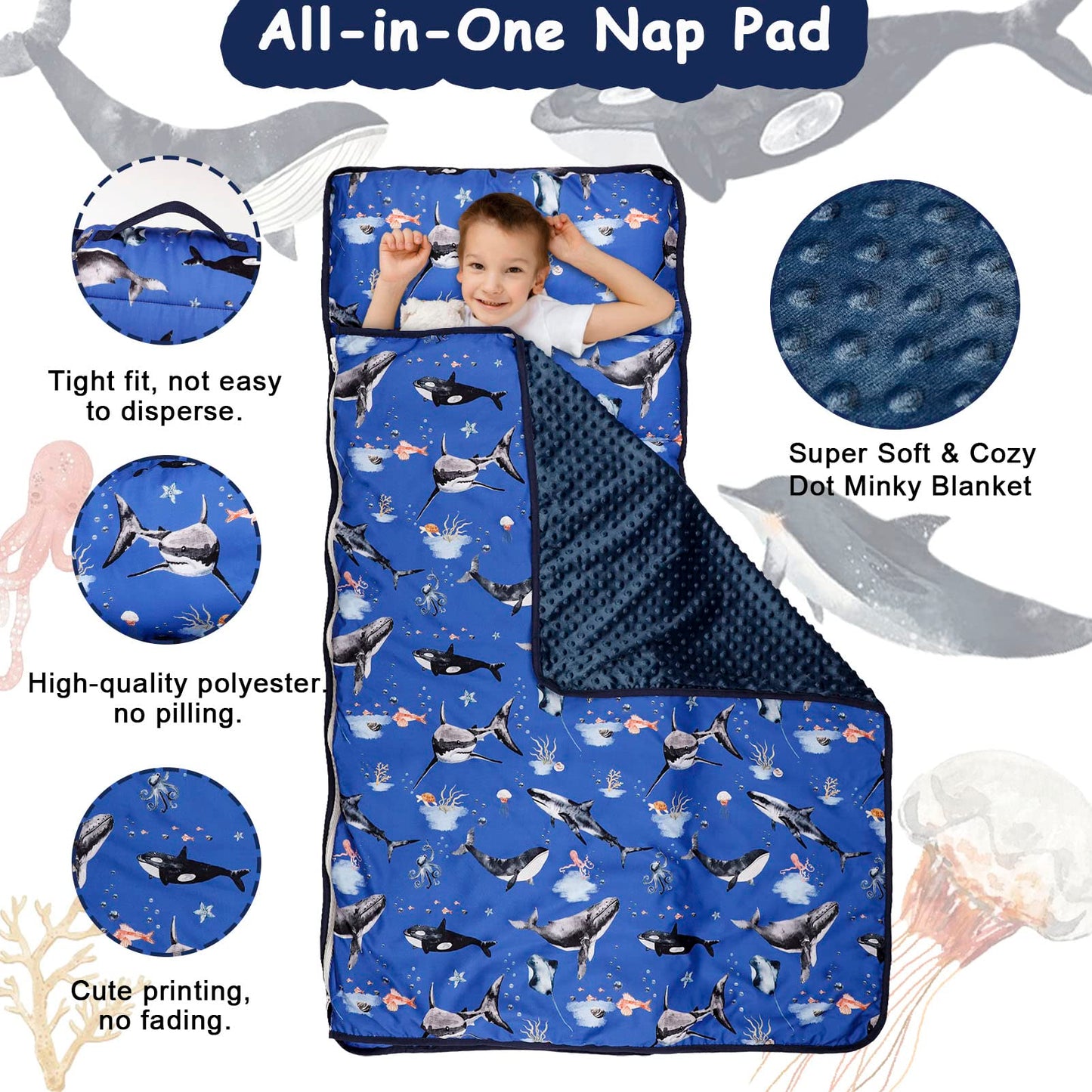Toddler Nap Mat With Removable Pillow And Soft Dot Minky Blanket, Pea Pod Kids Shark Napping Mats Extra Large Rolled Slumber Bag