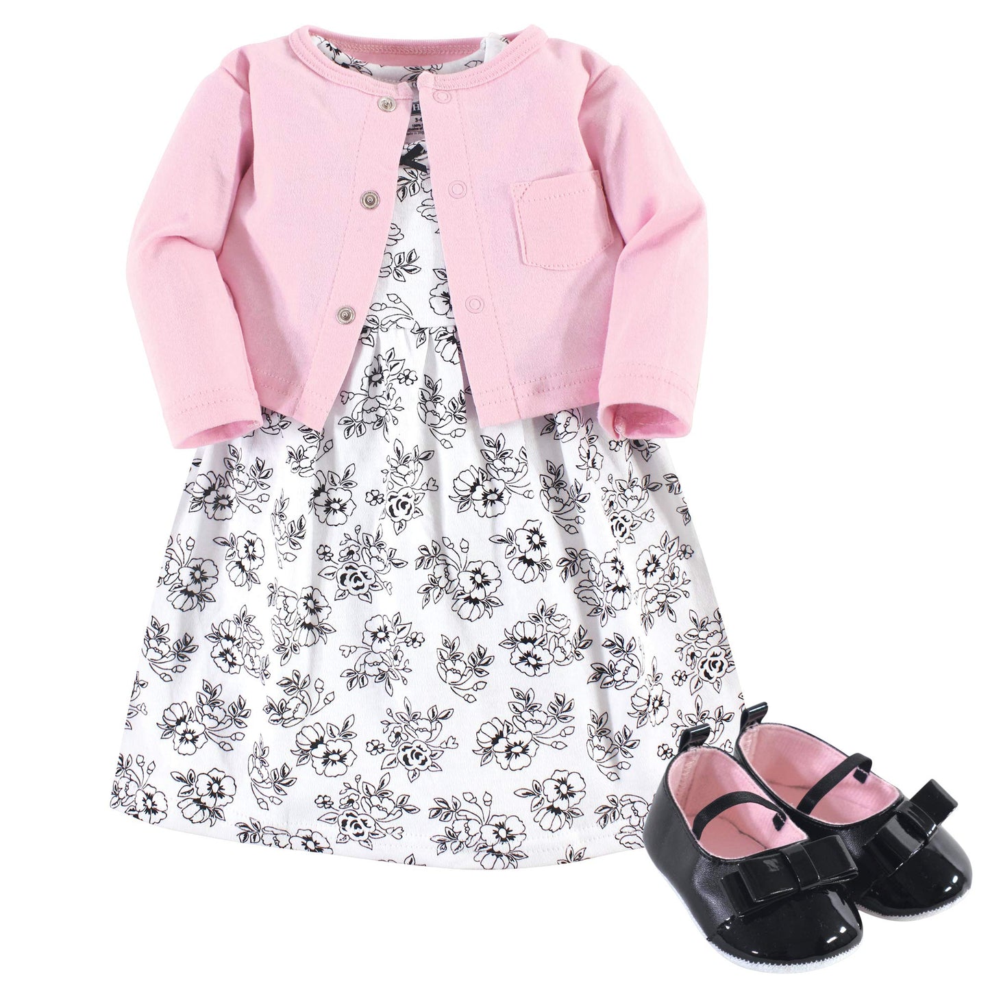 Hudson Baby Baby Girl Cotton Dress, Cardigan And Shoe Set, Toile, 0-3 Months