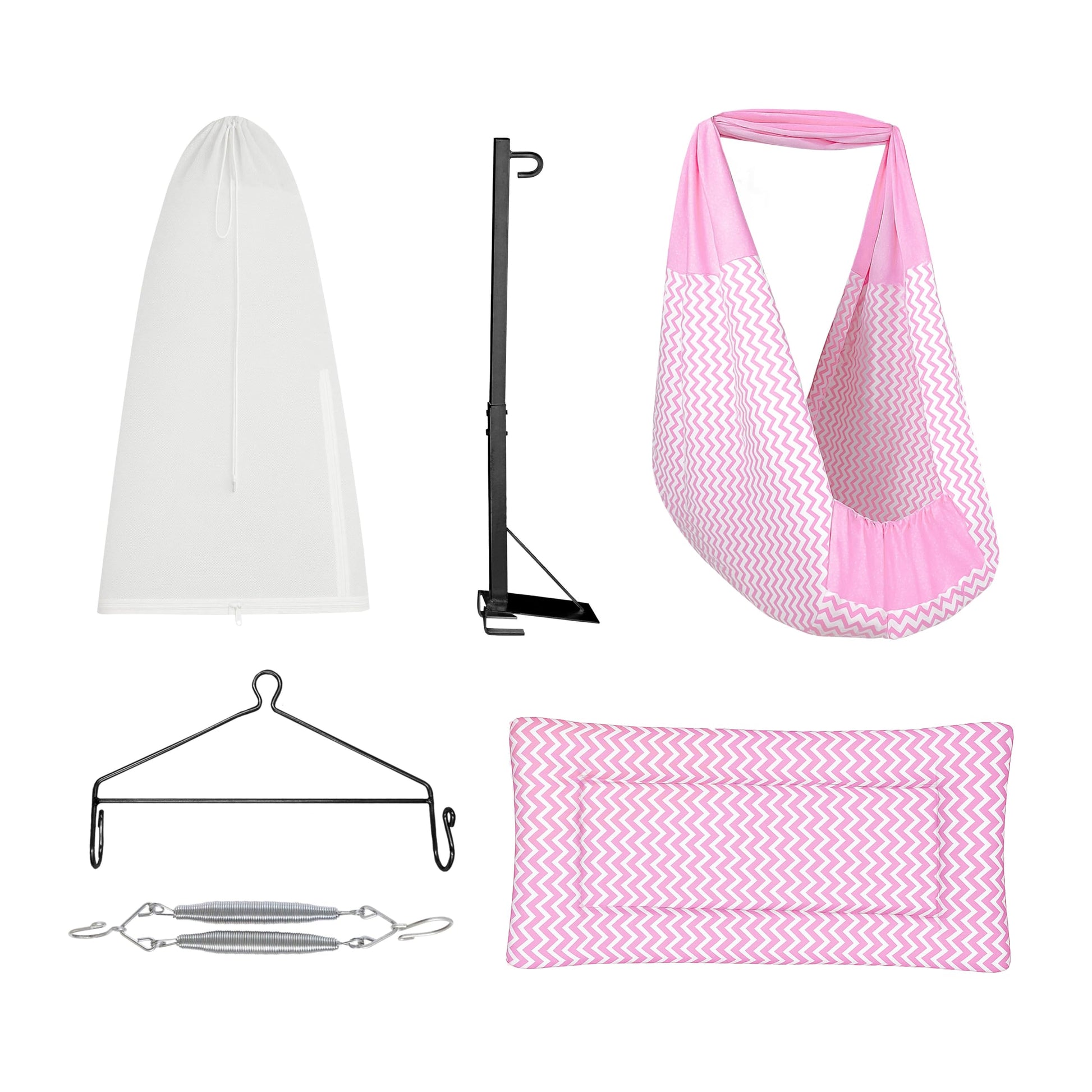 Zivara Baby Set | Pure Cotton Cloth, Removal Pad, Mosquito Net, Spring, Triangle And Window Hanger | Fs (Pink)