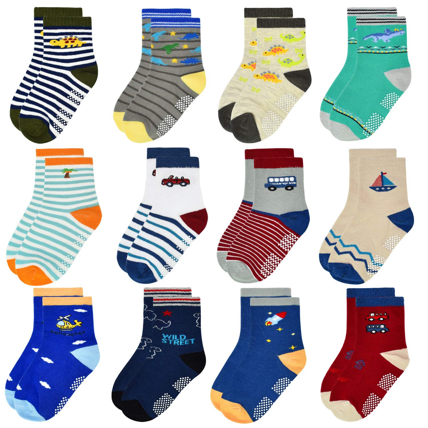 12 Pairs Toddler Non Skid Socks With Grips Anti Slip Bottom, Cotton Non Slip Ankle Crew Socks For Boys, Girls, Kids(5-7Years)