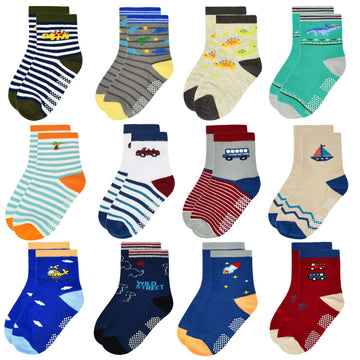 12 Pairs Toddler Non Skid Socks With Grips Anti Slip Bottom, Cotton Non Slip Ankle Crew Socks For Boys, Girls, Kids(5-7Years)