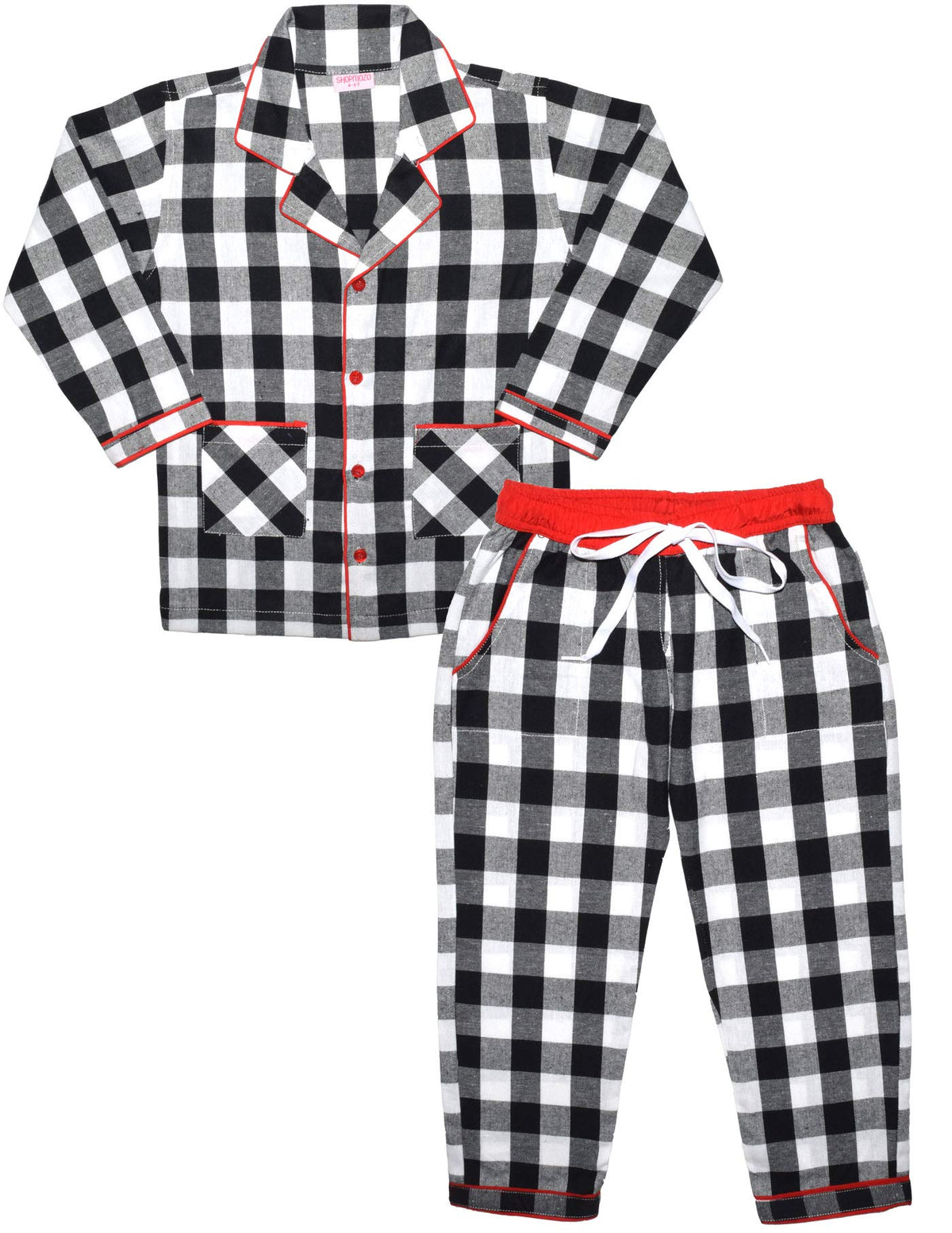 SHOPmOZO Unisex Pure Cotton Checkered Night Suit for Boys and Girls Pyjama Top Combo Set (SM00247UNISEXSWPT_56Y) Black White