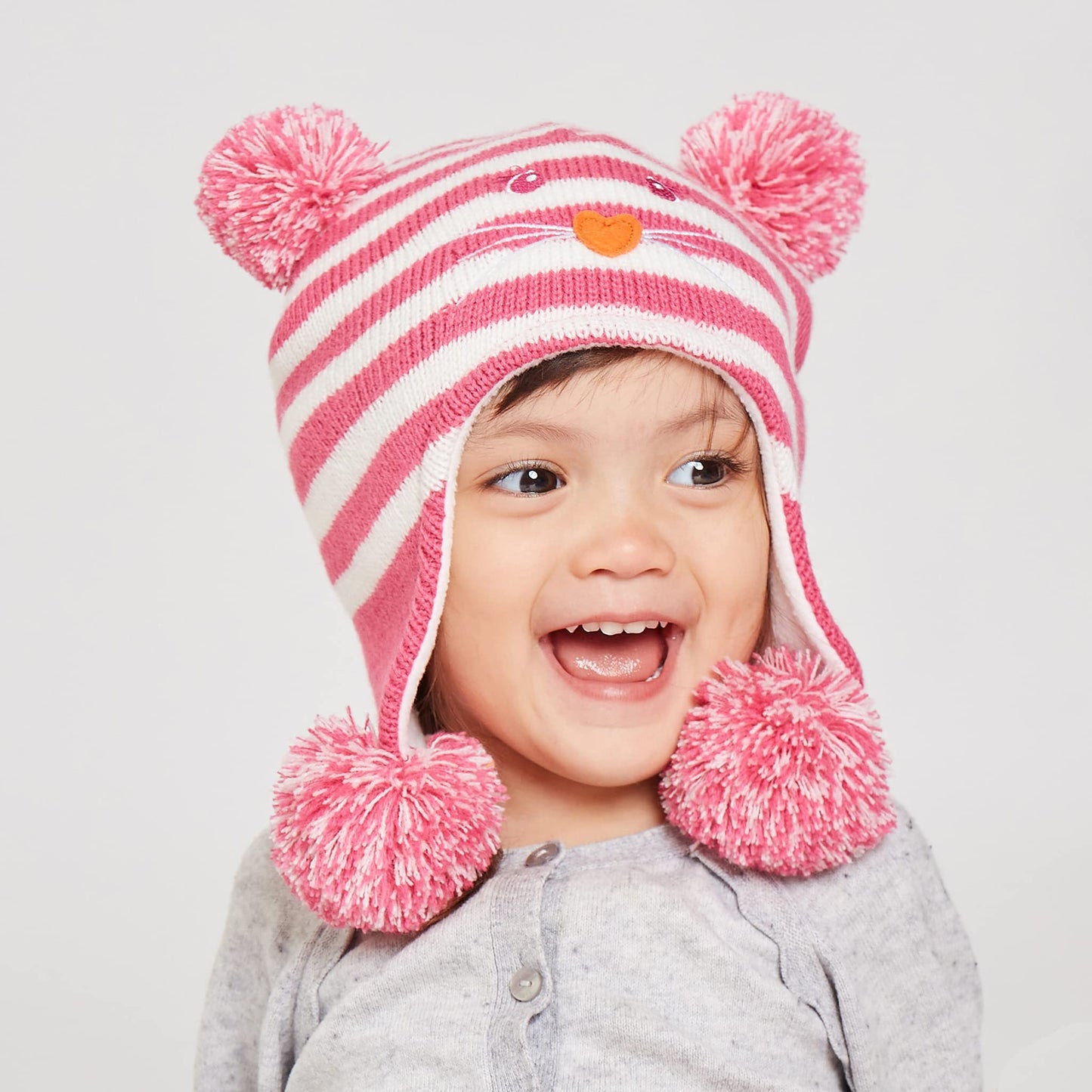 Langzhen Toddler Kids Infant Winter Hat,Earflap Knit Warm Cap Fleece Lined Beanie For Baby Boys Girls (Cat -Rose, 6-12 Months)