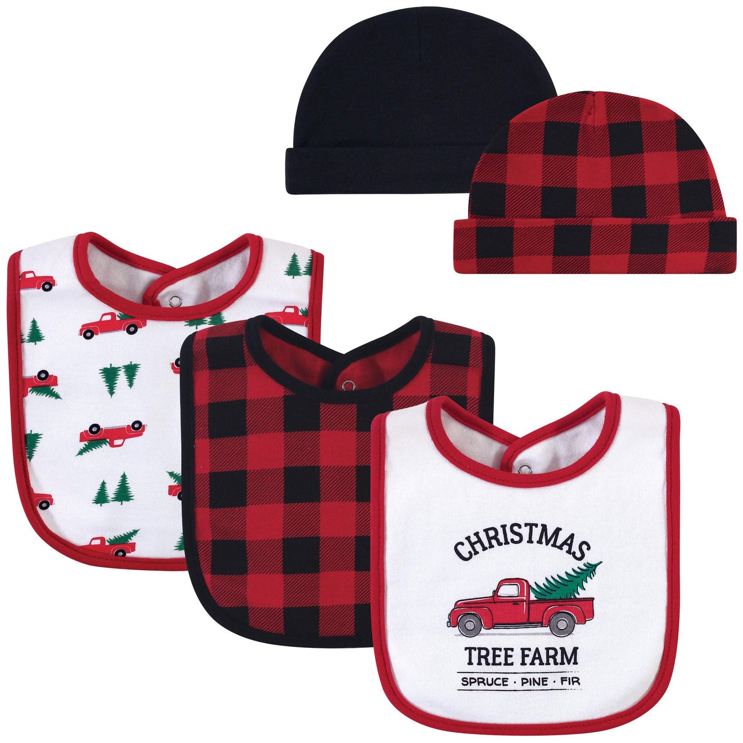 Hudson Baby Unisex Baby Cotton Bib And Headband Or Caps Set, Christmas Tree Farm, One Size