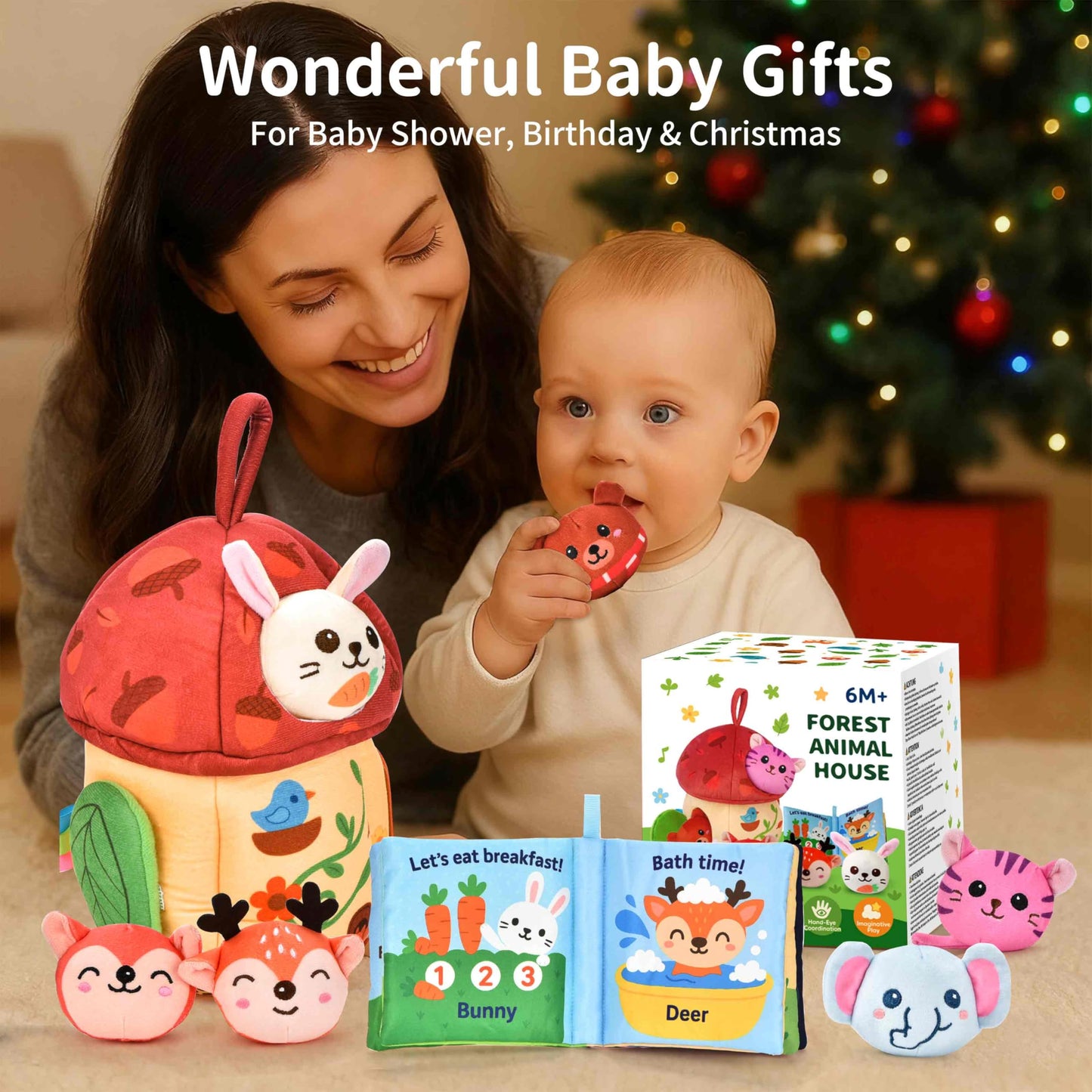 8-in-1 Montessori Toys for 1 Year Old & 6-12 Months Babies - Sensory Developmental Playset with Acorn House, Plush Animals & Clo