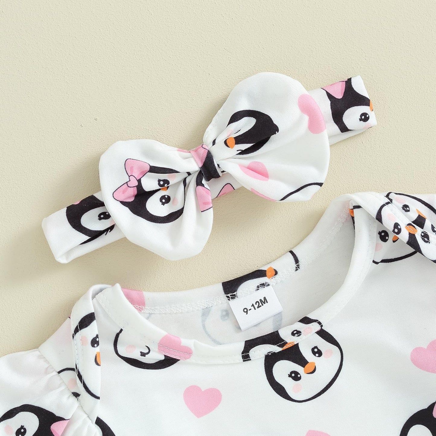 Valentines Day Baby Girl Outfit Newborn Girl Romper Long Sleeve Onesie And Bear Denim Overalls Fall Winter Clothes(A-White Pengu