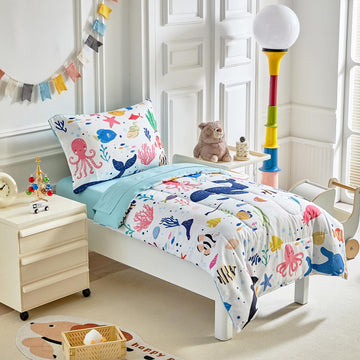 Joyreap 4 Piece Toddler Bedding Set- Ocean Theme White Design, Microfiber Toddler Bedding Comforter Set For Kids Boys Girls