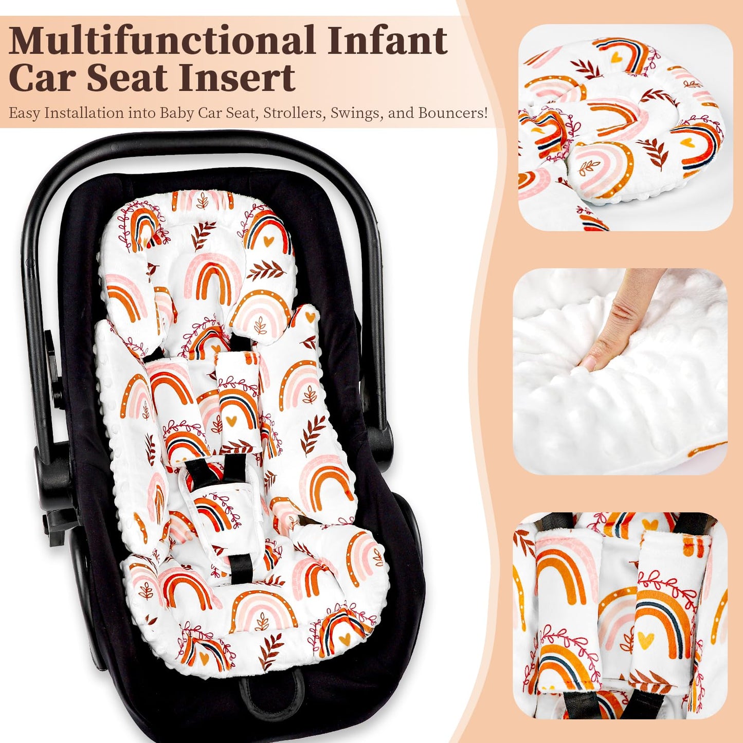Pea Pod Infant Car Seat Insert With 3 Strap Covers, 3 In 1 Reversible Rainbow Baby Car Seat Head Support For Newborn, 3D Soft Mi