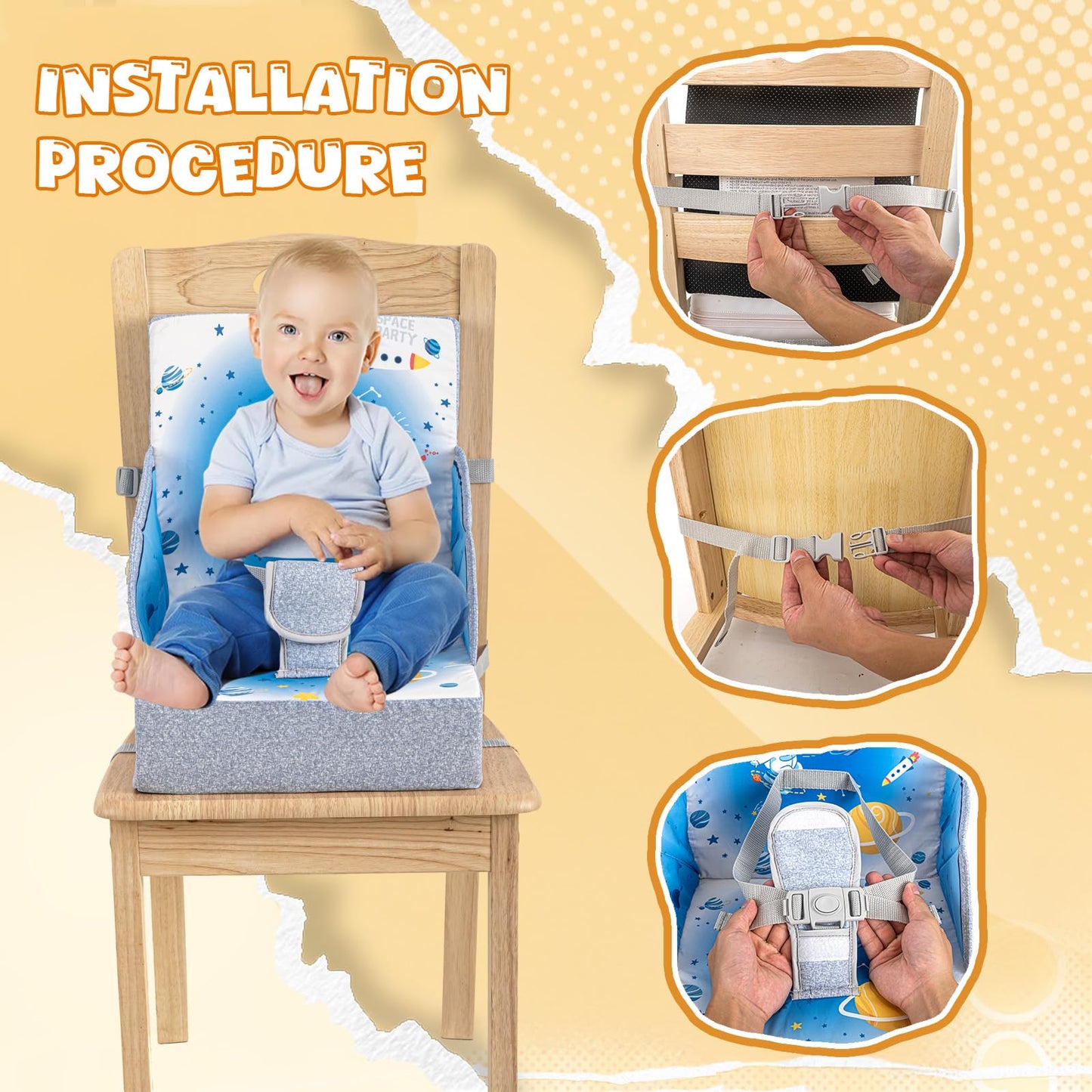 Toddler Booster Seat, Portable Baby Booster For Dining Table, Travel Toddler Chair With Adjustable Straps, Lightweight, Compact