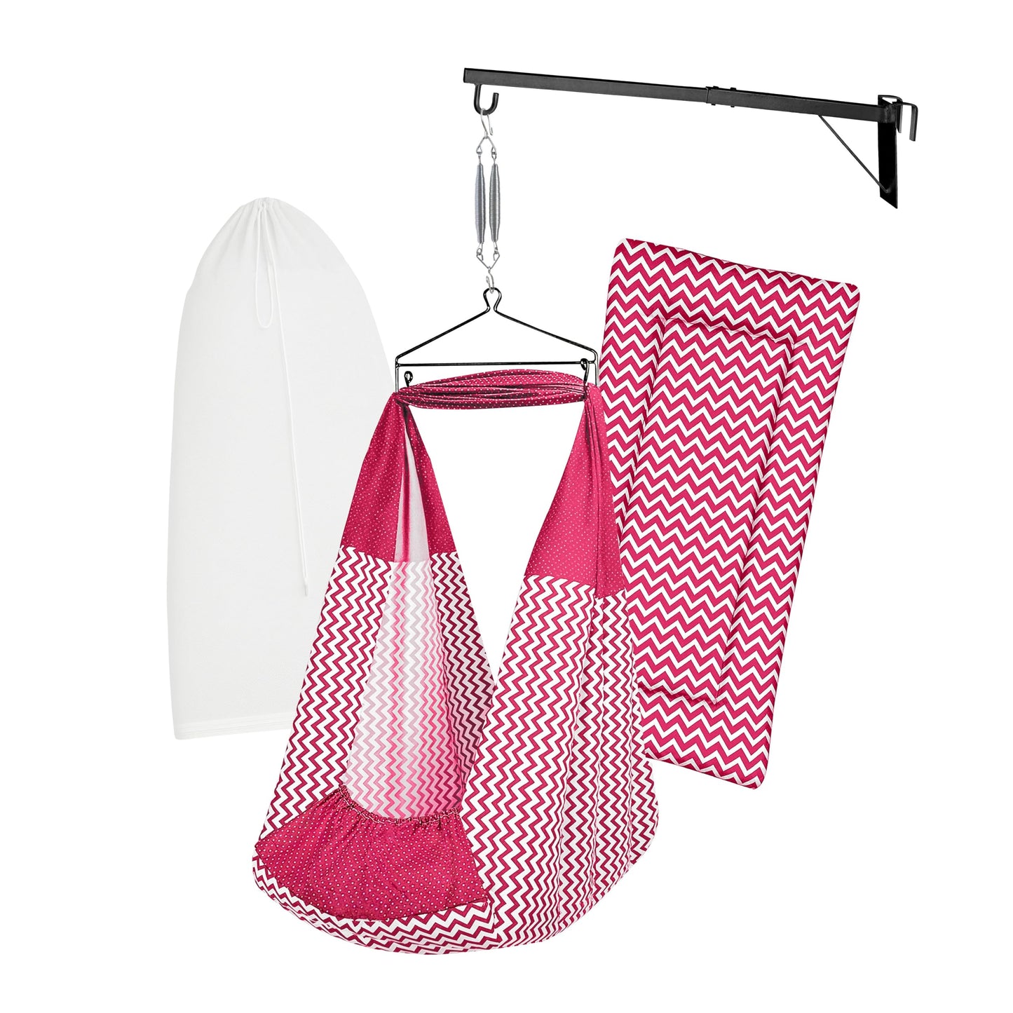 Beetot Baby Cradle Swing/Jhula (Thottil Cloth, Palna, Dolna) Set | Cradle Cloth With Padded Bed, Mosquito Net, Spring, Triangle 
