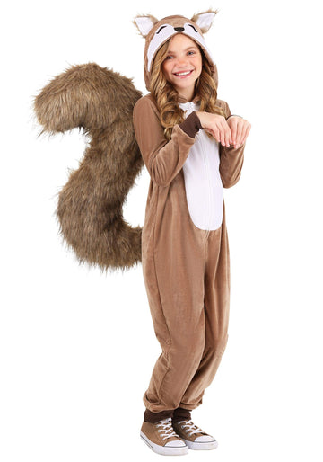 Kids Scampering Squirrel Halloween Costume | Fuzzy Animal Hooded Jumpsuit with Attached Tail | Animal Outfit for Boys & Girls Me