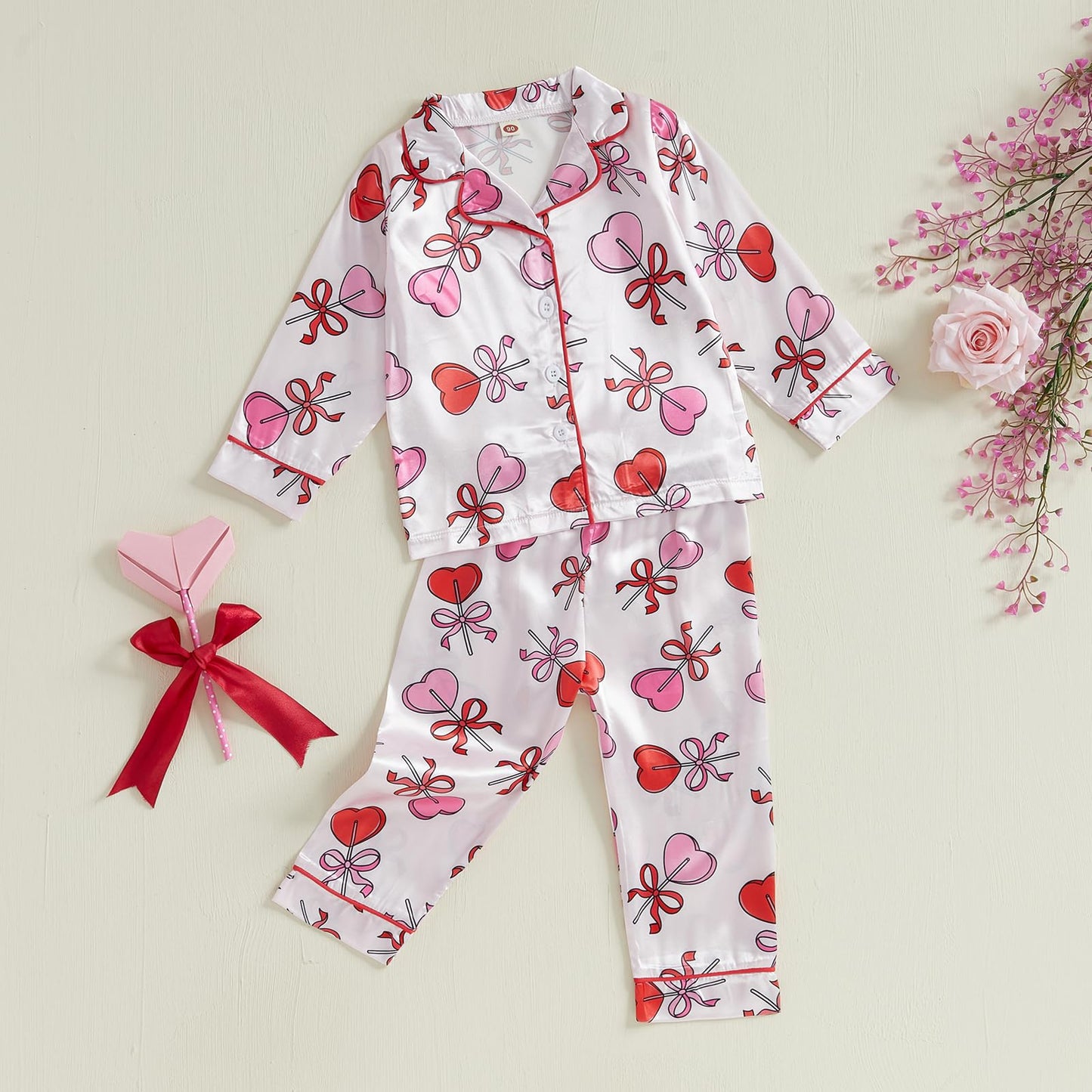Kavousa Toddler Baby Girl Valentines Day Pajamas Heart&Bow Print Button Down Shirt + Pants Little Kids Girls Silk Pajama Set (Pi