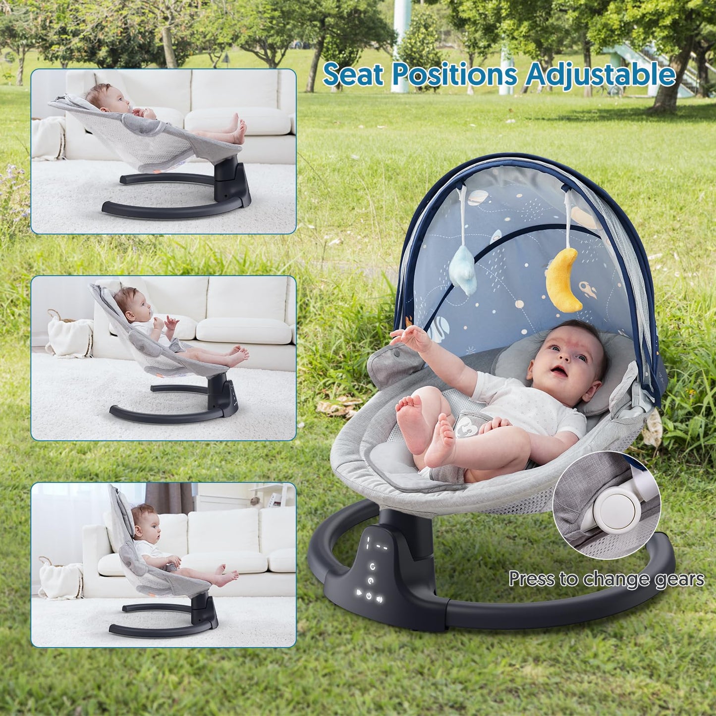 Bluetooth Baby Swing For Infants, Compact & Portable Baby Rocker, 3 Seat Positions, 5 Swing Speed, 10 Lullabies, Remote Control,