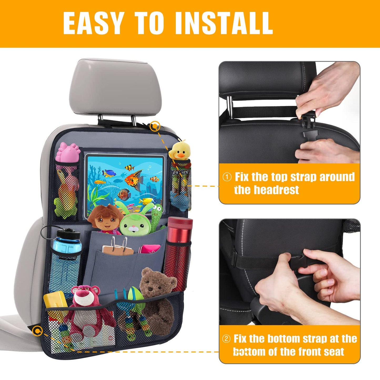 ULEEKA Car Backseat Organizer with 11 Table Holder, 10 Storage Pockets Seat Back Protectors Kick Mats for Kids Toddlers, Travel