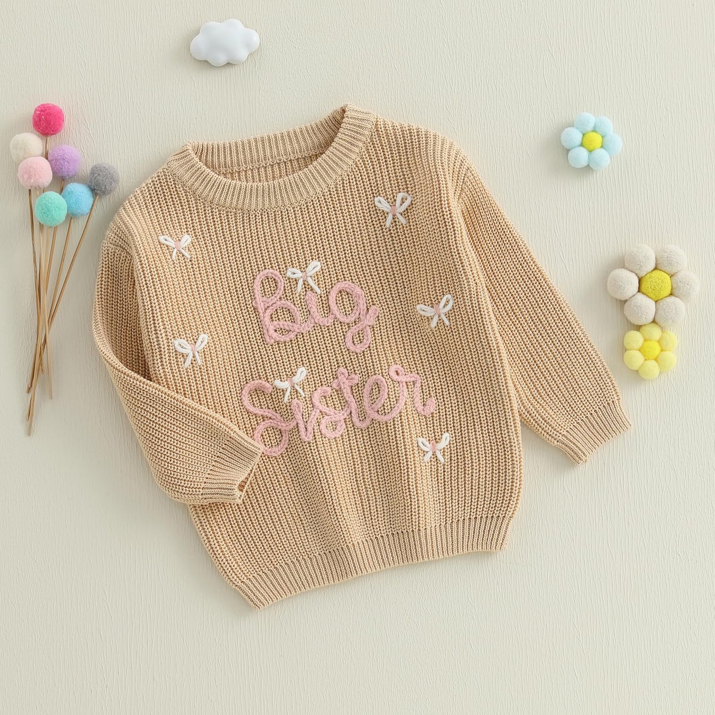 Amnnchya Toddler Infant Baby Girl Knit Sweater Big Sister Little Sister Matching Outfits Long Sleeve Pullover Sweatshirt (Khaki