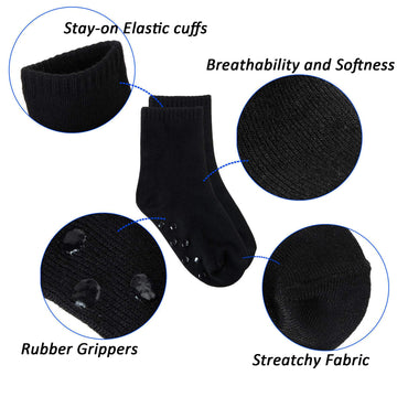Tenpluszero 12 Pairs Non Slip Toddler Socks Crew Socks With Grips For Baby Boys Girls (Black, 1T/2T)