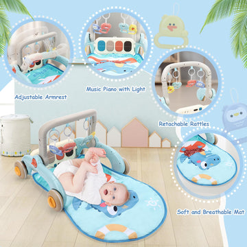 2 In 1 Baby Play Gym With Walker For Newborn, Baby Play Mat Activity Gym With 4 Infant Learning Sensory Tummy Time Mat For Infan