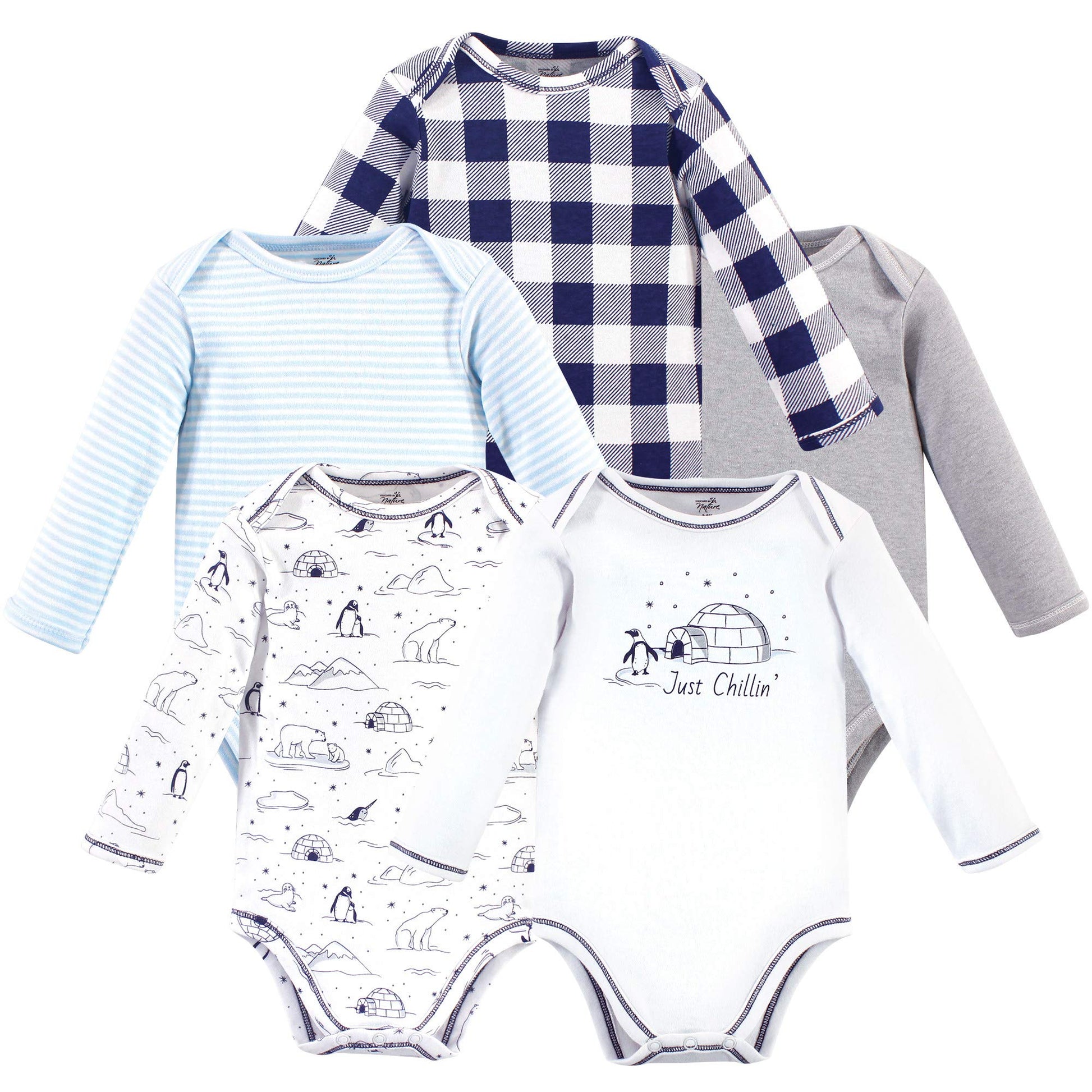 Touched By Nature Baby Boys Organic Cotton Long-Sleeve Bodysuits T Shirt Set, Arctic, 6-9 Months Us
