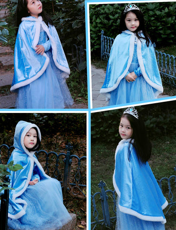 Party Chili Fur Princess Hooded Cape Cloaks Costume For Girls Dress Up Blue 4-5 Years(120Cm)