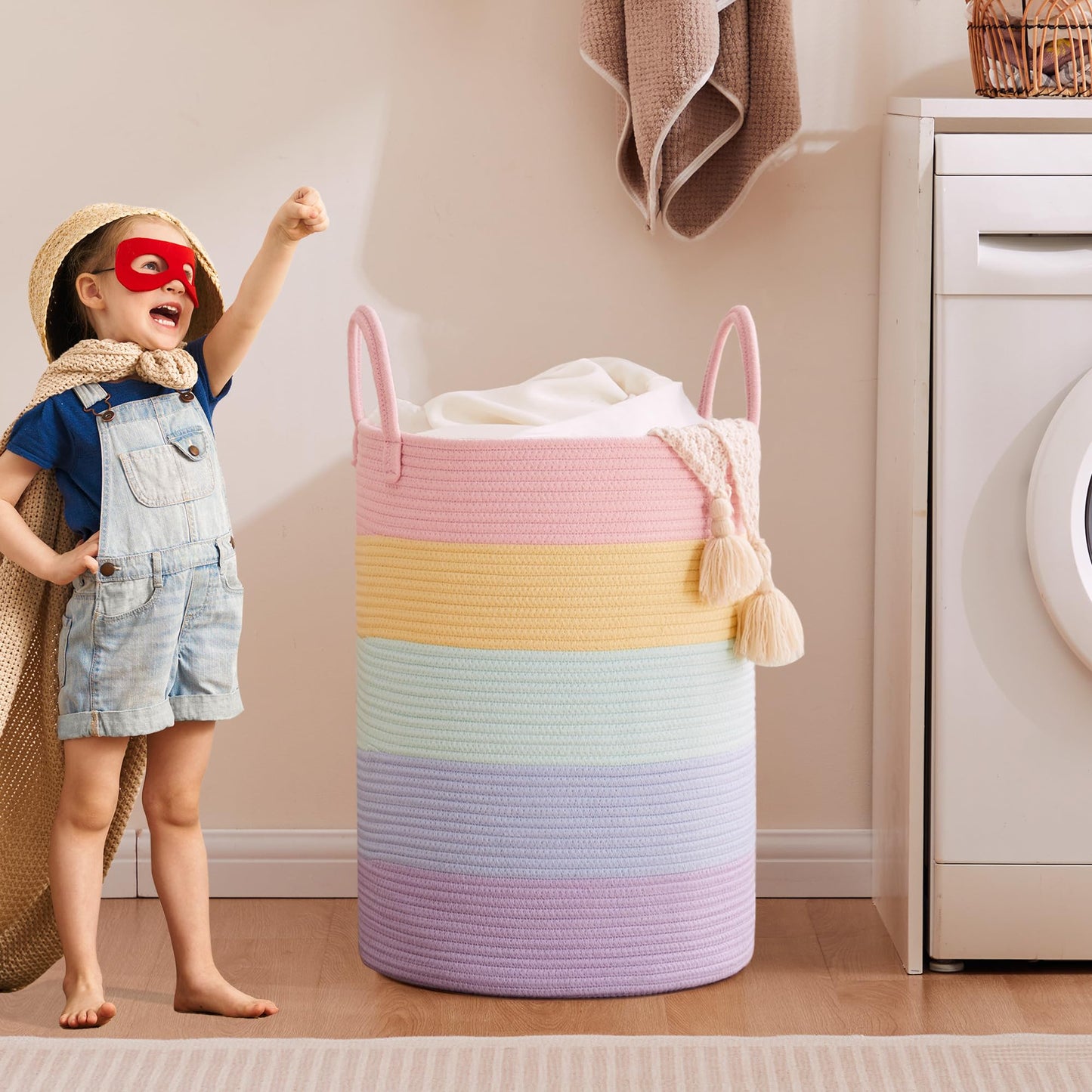 Mojoscend 80L Extra Large Rainbow Baby Girls Hamper Laundry Basket For Kids Nursery Pastel Tall Blanket Basket For Toy Woven Rop